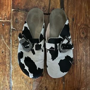 Barely worn Brother Vellies Birkenstock style Greg Shoes. Black and white cow.